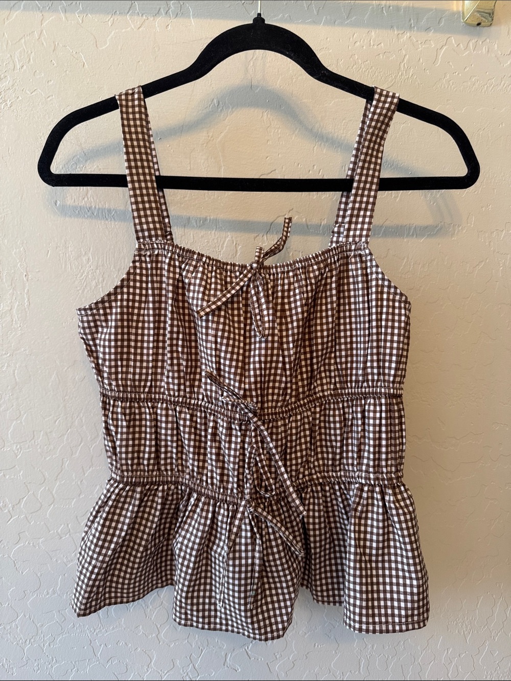 Brown Gingham Tie-Front Peplum Camisole